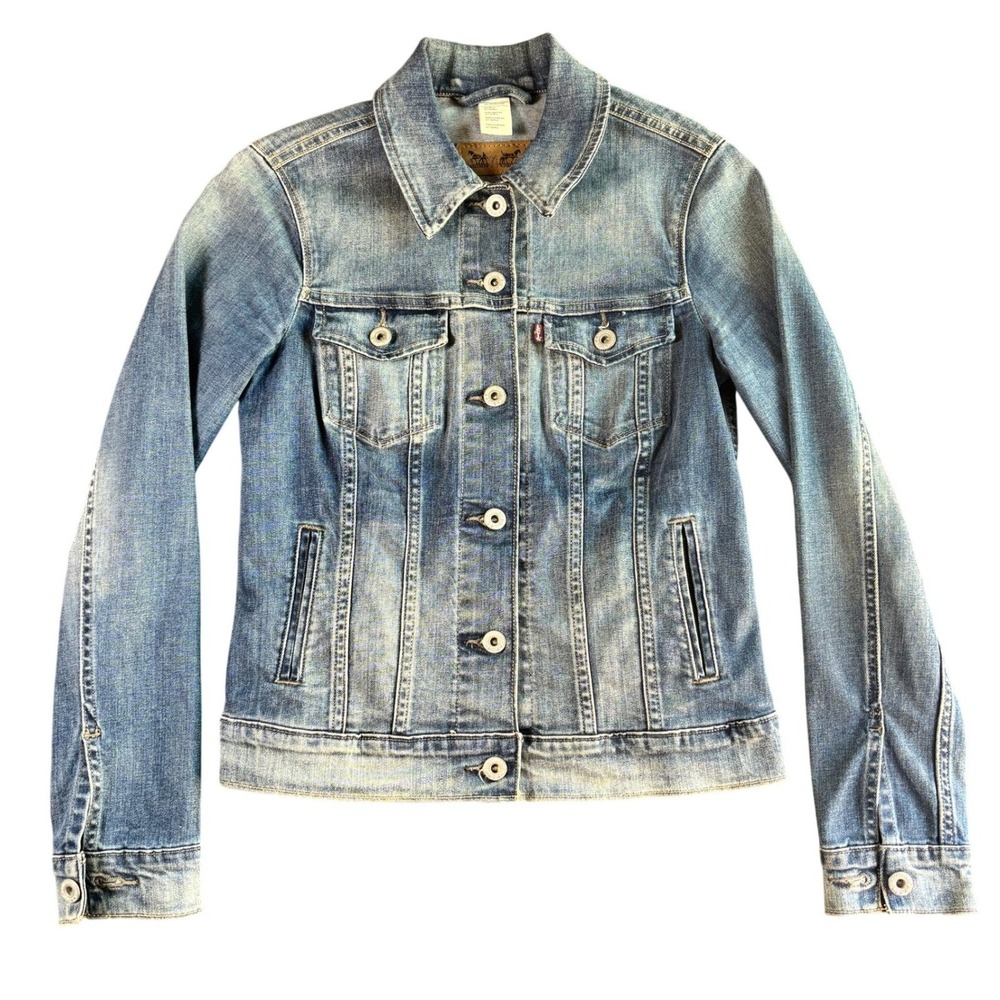 Levis Kids XS Medium Wash Blue Denim Trucker Jacket Button Front‎ Stretch Cotton